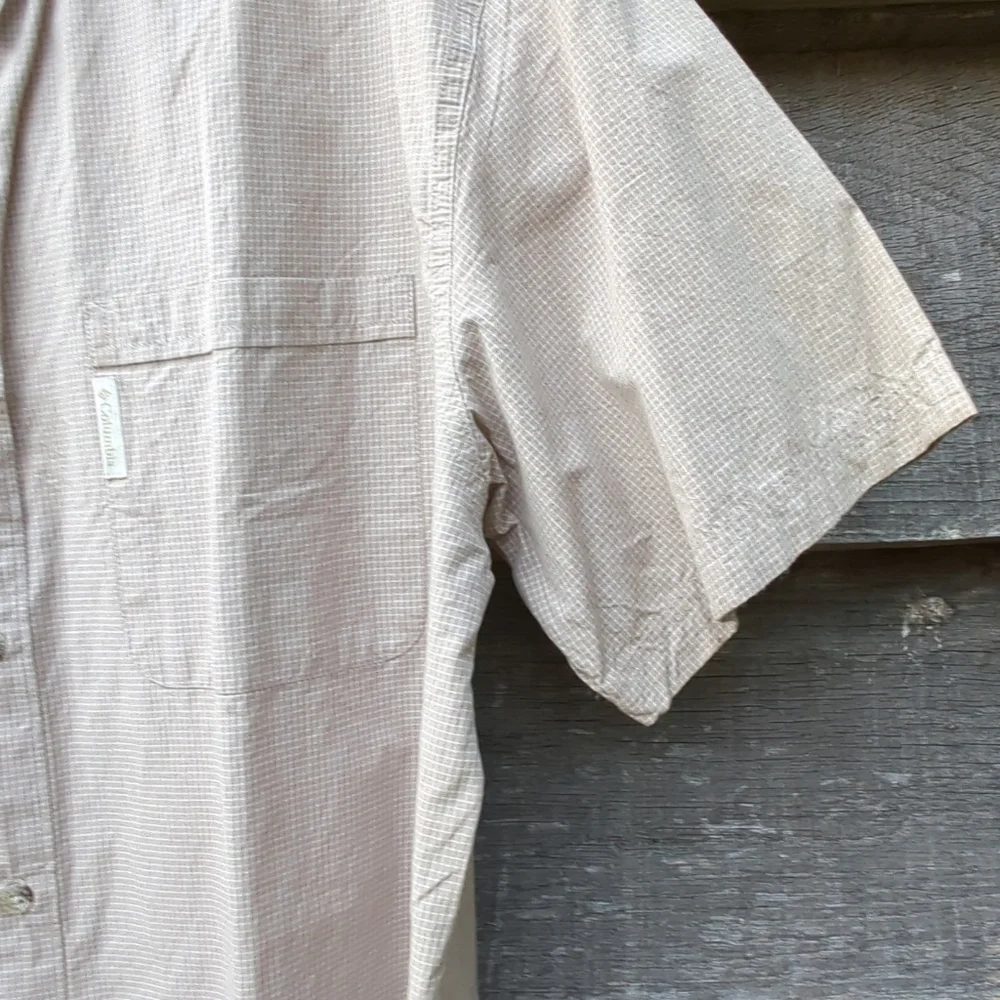 Columbia Mens Large Short Sleeve Button Up Cotton Shirt Plaid Tan and White - Picture 6 of 11